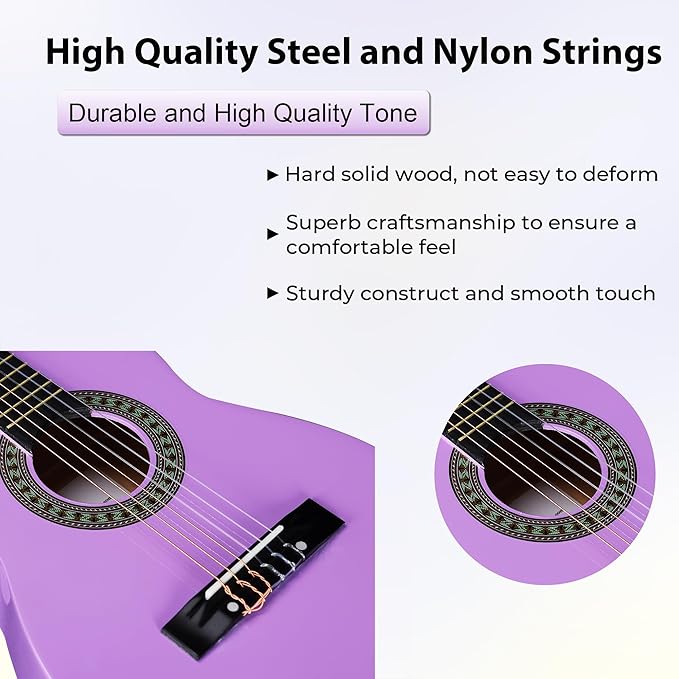 ADM Beginner Acoustic Classical Guitar 30 Inch Nylon Strings Wooden Guitar Bundle Kit for Kid Boy Girl Student Youth Guitarra Online Lessons with Gig Bag, Strap, Tuner, Strings, Picks, Purple-CubbioJoy