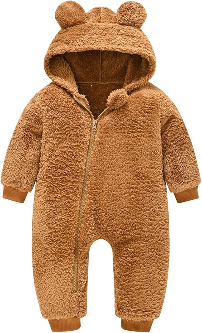 Baby Fleece Jumpsuits Infant Bear Ear Snowsuit Newborn Hooded Romper Warm Coat-CubbioJoy