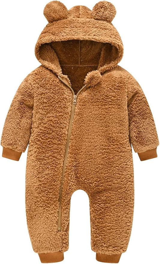 Baby Fleece Jumpsuits Infant Bear Ear Snowsuit Newborn Hooded Romper Warm Coat-CubbioJoy