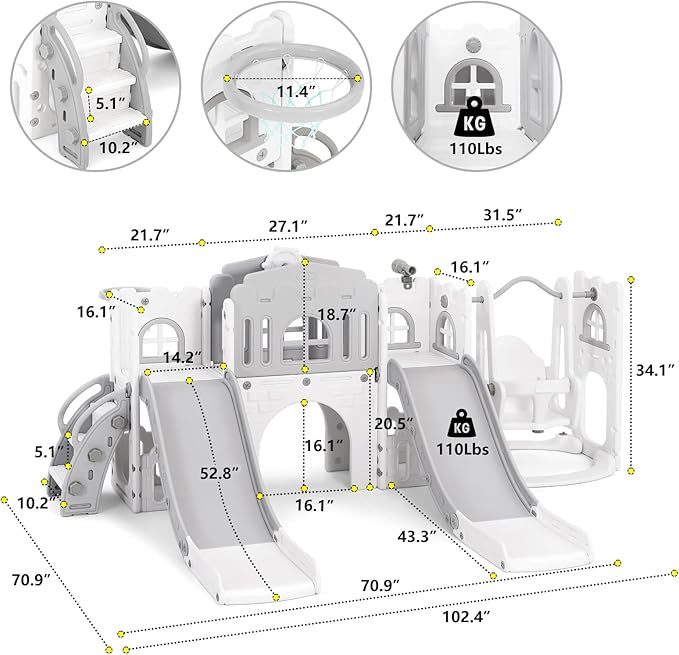 JOYLDIAS 10 in 1 Toddler Slide, Double Kid Climber Slide Playset w/Swing, Basketball Hoop, Telescope, Tunnel, Storage Space and Non-Slip Steps, Indoor Outdoor Backyard Playground Toy for Toddlers-CubbioJoy