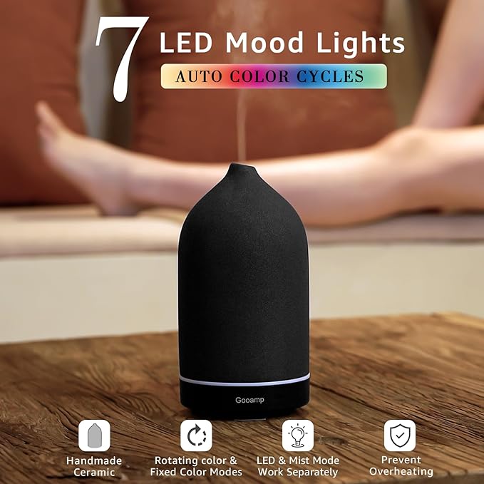 200ML Ceramic Essential Oil Diffuser - Ultrasonic Aromatherapy & Humidifier with 7-Color LED Lights, Auto Shut-Off, Black, 1H/3H/6H Timer | Scent for Home, Office, Yoga-CubbioJoy