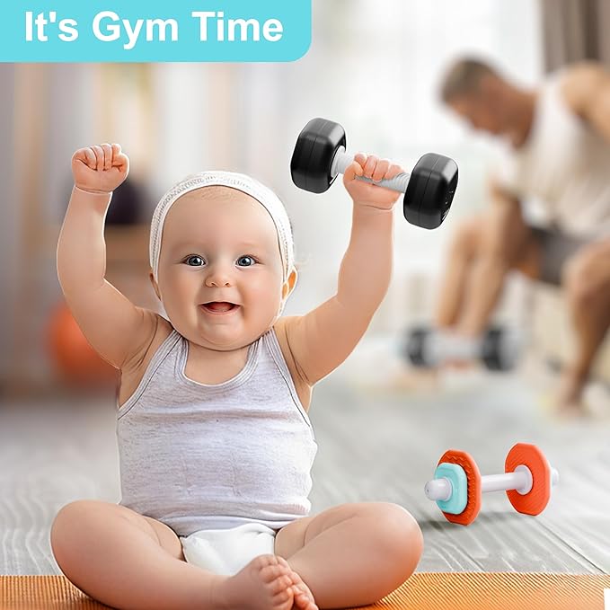 iPlay, iLearn Baby First Gym Rattle Set, Infant Dumbbell Weights Teething Rattles 3-6-12 Month, Newborn Workout Sensory Stroller Toy, Babies Birthday Shower Gift 5 7 8 9 10 Month Toddler Boy Girl-4PCS-CubbioJoy
