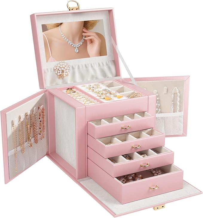 5-Layer Jewelry Box with 4 Drawers, Huge Portable Jewelry Organizer with Lock and Mirror for Women, for Necklace Ring Earring Bracelet Storage, Lockable Jewelry Case, Pink-CubbioJoy