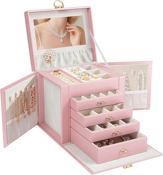 5-Layer Jewelry Box with 4 Drawers, Huge Portable Jewelry Organizer with Lock and Mirror for Women, for Necklace Ring Earring Bracelet Storage, Lockable Jewelry Case, Pink-CubbioJoy