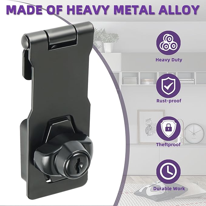 Alise Keyed Hasp Lock,4 Inch Safety Packlock Clasp Hasps Latch,Black Door Hinge Lock with Keys Keyed Locking Hasps for Cabinet,Closet,Drawer, Barn,Fence,Garage Doors-CubbioJoy