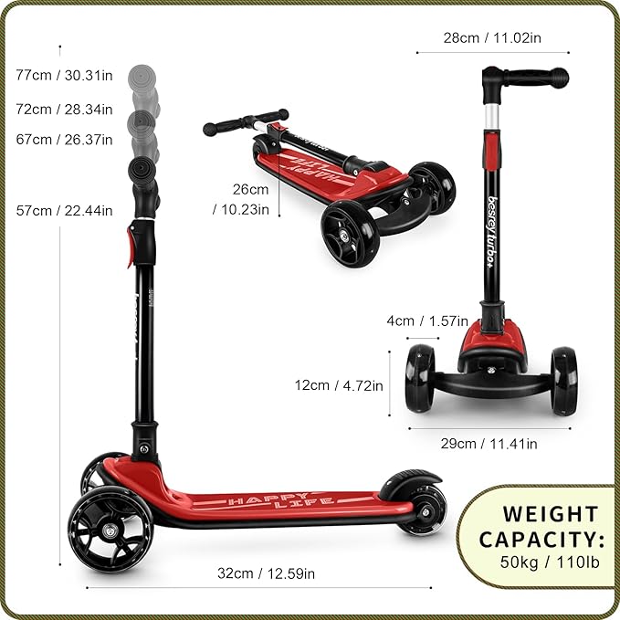Besrey Kick Scooter for Kids Ages 3-10, 3-Wheel Folding Scooter with Adjustable Height, LED Light Wheels, Extra Wide Deck for Outdoor Activities-CubbioJoy