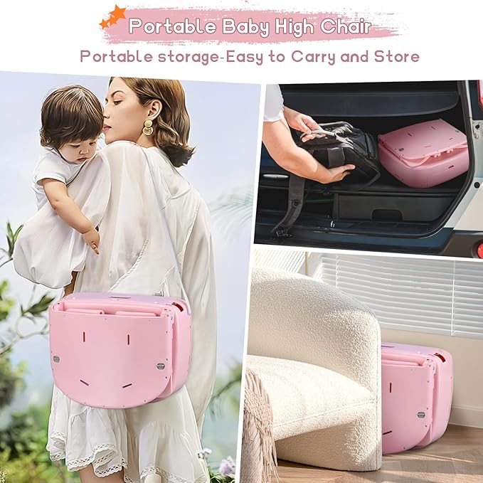 4 in 1 Portable Baby High Chair,Convertible Highchair for Babies & Toddlers-Foldable Infant Booster Seat,Carry Small Box,Dining Chair,Toddler High Chair with 5-Point Harness,Removable Tray-Pink-CubbioJoy
