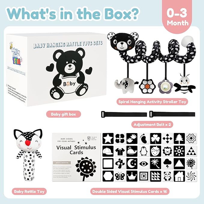 Car Seat Toys for Babies 0-6 Months,Hanging Rattle Toys for Crib Mobile, Baby Spiral Hanging Stroller Black and White High Contrast Toys for Newborn 0 3 6 9 12 Months Baby Boys Girls (Set-2)-CubbioJoy