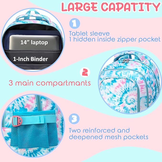 BLUEFAIRY Kids Backpack for Girls Elementary Primary Middle School Bags for Aged 8-10 for Teens Childs Bookbags Back to School Book Bags Mochilas para Niñas de 6 7 8 9 10 Años Tie-dye Blue-CubbioJoy
