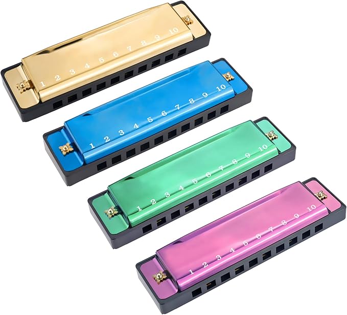 4PCS Key of C 10 Hole 10 Tones Titanium Color Harmonica with Case for Beginner Students Kids（Gold, Purple, Green, Blue）-CubbioJoy