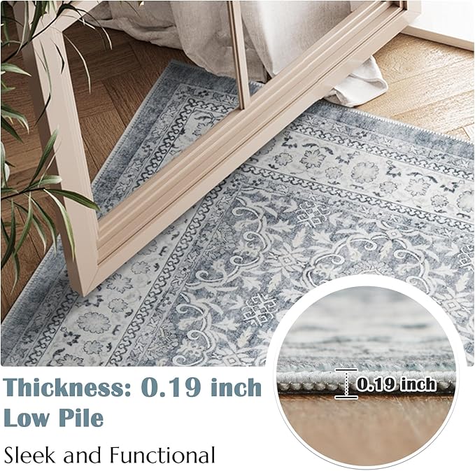 jinchan Runner Rug 2x6 - Machine Washable Grey Vintage Floral Distressed Design Soft Non-Slip Low-Pile Ultra-Thin Runner Rug for Kitchen Hallway Laundry Room Entryway Farmhouse (2‘x6',Grey)-CubbioJoy