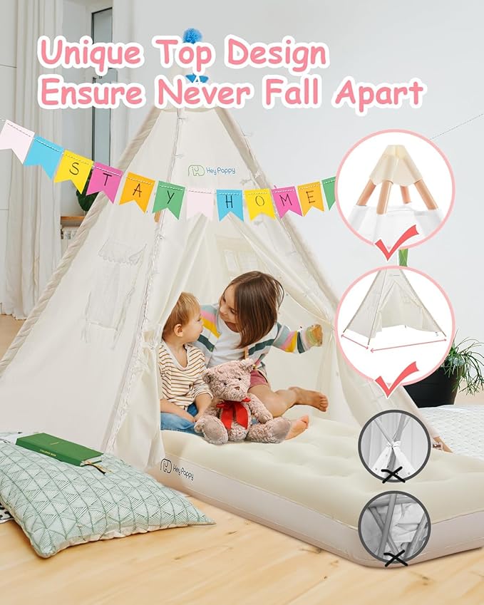 6 Pack Teepee Tent for Kids with Inflatable Airbed, Light, Toddler Tent Children Room Tents, Slumber Party Sleepover Tents, Indoor Outdoor Kids Playtent Playhouse for Girls & Boys-CubbioJoy