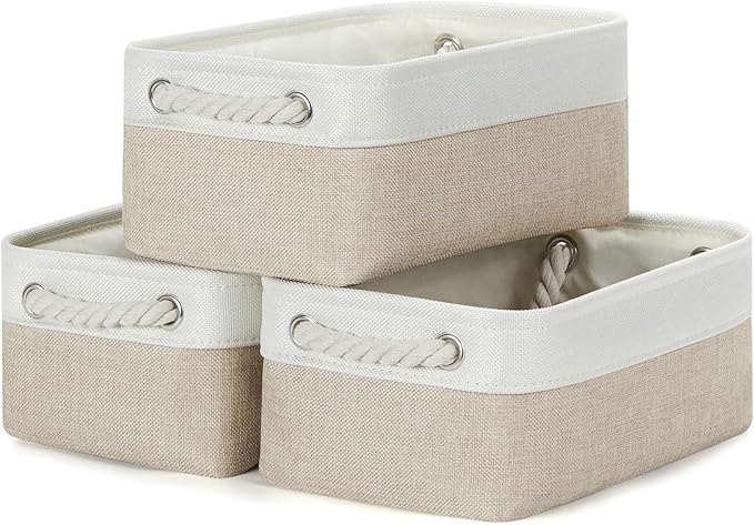 Bidtakay Small Baskets Fabric Storage Baskets for Organizing 3-Pack 12x8x5 Inch Collapsible Storage Bins for Shelves Canvas Bins for Closet Organization Baskets Storage Linen Closet S-White&Beige-CubbioJoy