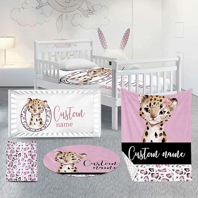 Custom Nursery Crib Bedding Set: Personalized Name 4 Piece Pink Leopard Elephant Design Baby Crib Sets for Girls - Toddler Double Layer Blanket Set, Comfortable Crib Bed Sheets for Baby Toddlers-CubbioJoy
