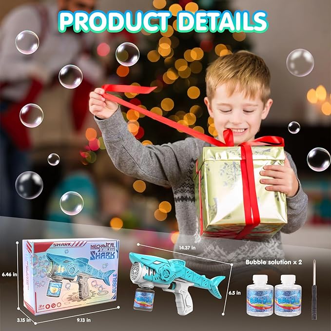 Automatic Bubble Machine Gun for Kids with 2 Bottles 5 Bags of Refill Solution Lights ElectricShark Bubble Gun Toys Outdoor Toys Gifts Wedding Easter Party Favor-CubbioJoy