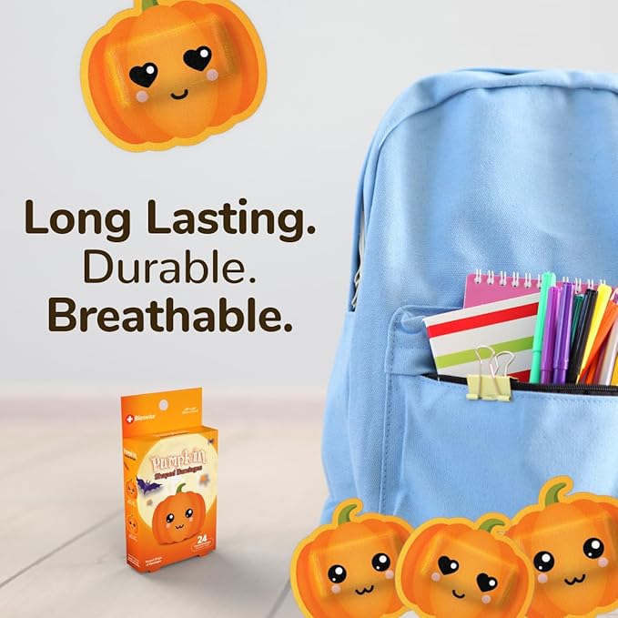 BioSwiss Bandages, Halloween Pumpkin Shaped Self Adhesive Bandage, Latex Free Sterile Wound Care, Fun First Aid Kit Supplies for Kids, 24 Count-CubbioJoy