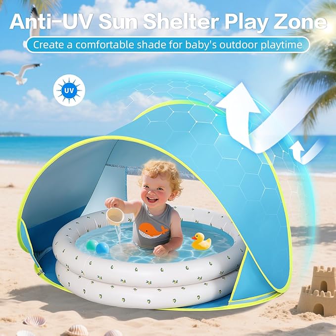 Baby Beach Tent Canopy: with Inflatable Kiddie Swimming Pool Toys - UPF50+ UV Protection Pop Up Sun Shelter Tent & Small Pool - Beach Essentials for Infant Toddlers-CubbioJoy
