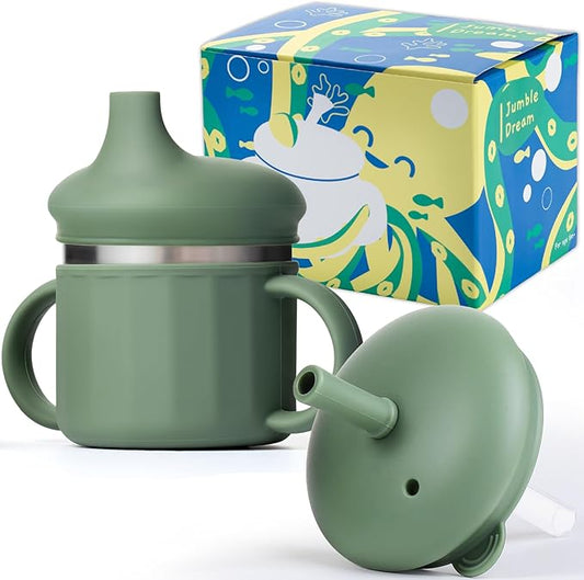Jumble Dream Baby & Toddler Stainless Steel Sippy Cup Silicon Training Stainless Steel Kids Cups with Straw, Babies Tumbler with Straw No Spill | 6-24 Month Toddler Sippy Cup (Sage Breeze)-CubbioJoy