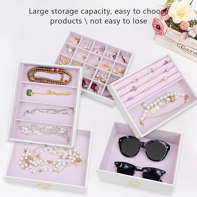 AKOZLIN Extra Large 6-Tier Jewelry Box Organizer with Mirror, 5 Drawers Leather Jewelry Storage Case for Women Girls Ring Necklace Earring Bracelet White-CubbioJoy