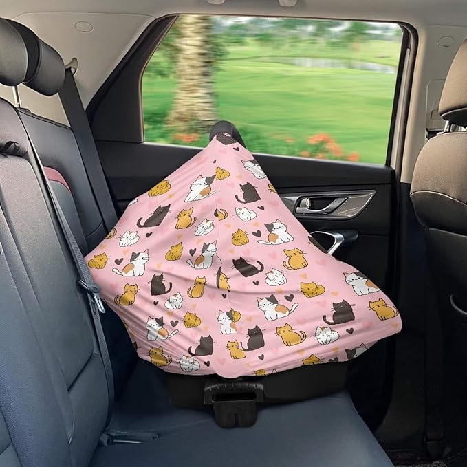Binienty Baby Car Seat Covers - Cartoon Kitten Infant Carseat Canopy Multi-use Stretch Nursing Cover for Breastfeeding-CubbioJoy
