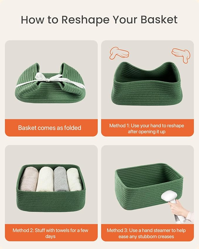 KALLAX Small Woven Basket, 12 x 8 x 4.5 Inches, Storage Basket for Organizing, Cute Small Rope Shelf Closet Cube Storage Bins Baskets for Shelves, Dog Toy Gift Baskets Empty, 3 Packs, Green-CubbioJoy