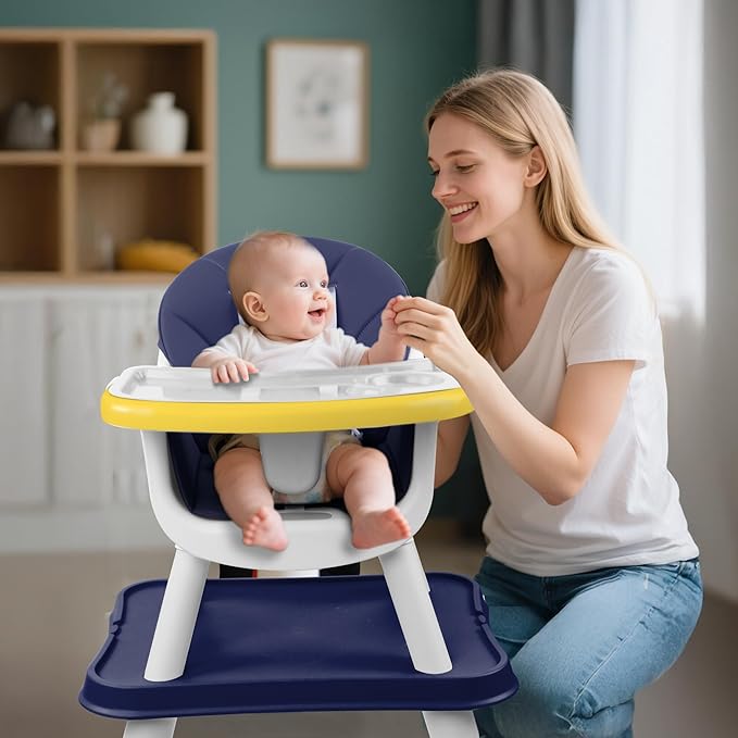 4 in 1 Baby High Chair, Toddler Chair with Removable Tray, Convertible High Chairs for Babies and Toddlers, Kids Learning Table, Building Block Table, Dining Booster Seat with Safety Harness, Blue-CubbioJoy