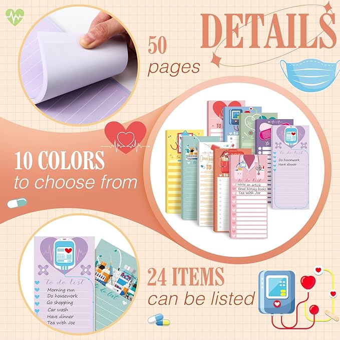 Censen 10 Pack 500 Sheets To Do List Notes Daily Checklist Notepads with 50 Sheets Each Undated Color Memo Pad Block Shopping List Pad Weekly Plan Notepad Organizer Planners(Colorful,Nurse)-CubbioJoy