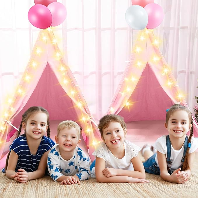 6 Pack Sleepovers Teepee Tent for Kids Bulk with Mattress Sheet Light,Natural Cotton Washable Indoor Play Tent for Birthday Slumber Party Girls Boys Pajama Movie Night Supplies(Light Pink)-CubbioJoy