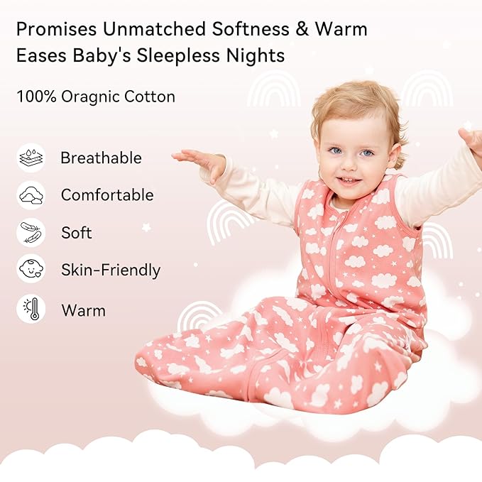 Baby Sleep Sack 0-6 Months 3 Pack 100% Cotton Lightweight 0.5 TOG Wearable Blanket Baby Sleep Bag with 2-Way Zipper for Newborn Infant Toddler Pink-CubbioJoy