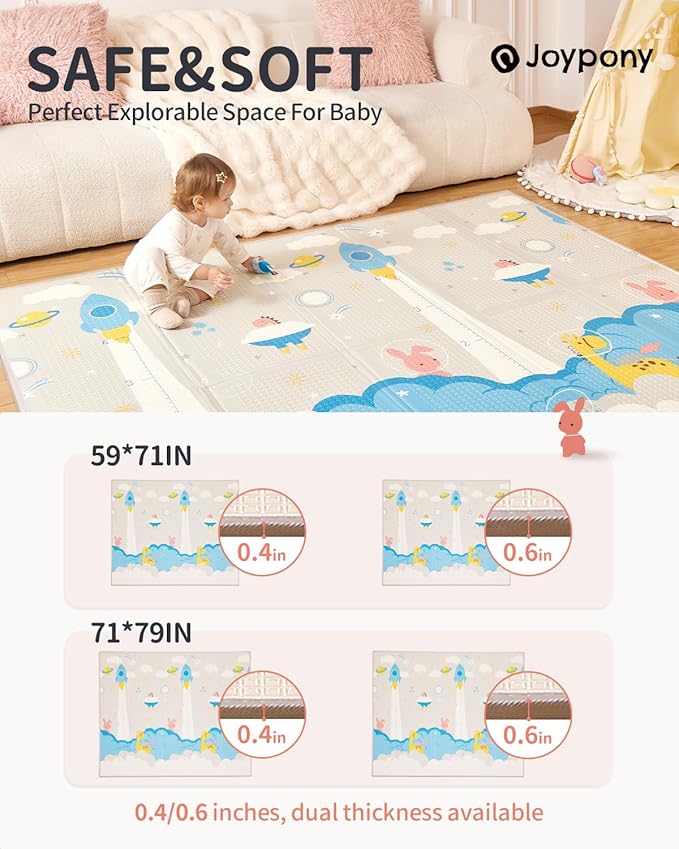 Baby Play Mat 79x71x0.6 inches, Fabric Cloth Surface Extra Large & Thick Foldable Play Mats for Baby Girls Boys, Waterproof & Anti-Slip Portable Baby Floor Mat for Tummy Time with Travel Bag-CubbioJoy