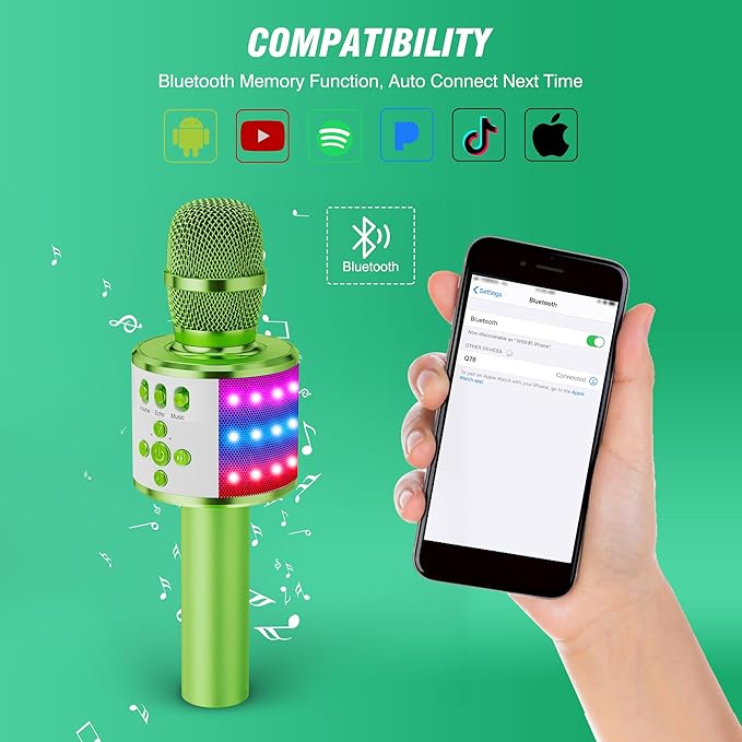 BONAOK Karaoke Microphone for Kids & Adults - Bluetooth Microphones Singing Mic with Disco Lights, Echo Effect, Built-in Speaker Portable Karaoke Player for Party Travel Gifts Q78(Green)-CubbioJoy