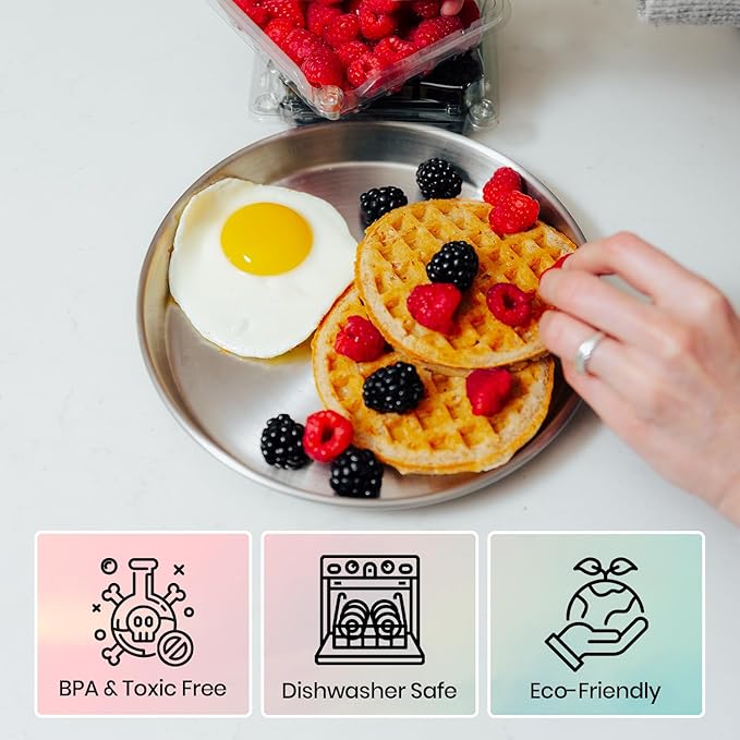 Children's 304 Stainless Steel Four (4) Piece Plate Set, 21 cm, Matte Finish, Plates for Kids, Toxin Free Stainless Steel Dinnerware Set, Non-Divided Plates, 100% BPA Free-CubbioJoy