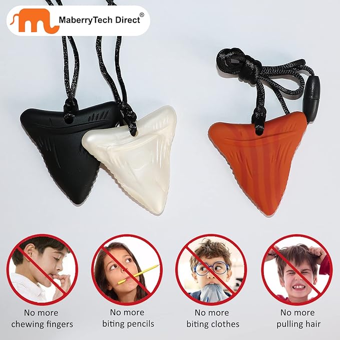 Chewy Necklace Sensory for Kids and Adults, Shark Tooth Silicone Autism Chew Toys Sensory for Boys Girls with ADHD, Anxiety, SPD, 3 Pack Chewing Necklace - BPA Free-CubbioJoy