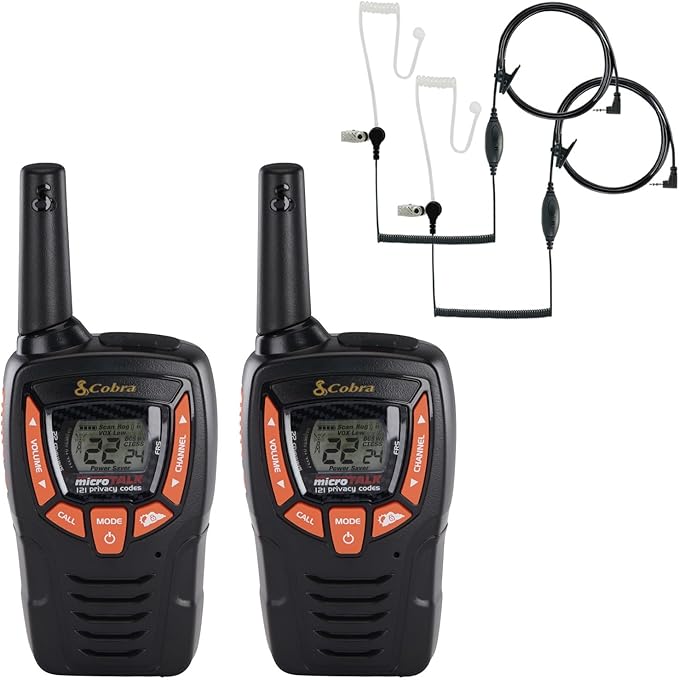Cobra ACXT345 Weather-Resistant Walkie Talkies & Compatible Cobra Surveillance Headset - Rechargeable, 22 Channels, Long-Range, 2 Two-Way Radios, 2 Headsets, Black/Orange-CubbioJoy