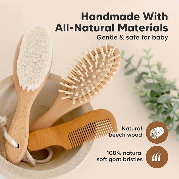Baby Hair Brush and Comb Set for Newborn - Wooden Baby Hair Brush Set with Soft Goat Bristle, Baby Brush Set for Newborns Baby Brush and Comb Set Girl, Boy, Toddler Cradle Cap Brush (Oval, Walnut)-CubbioJoy