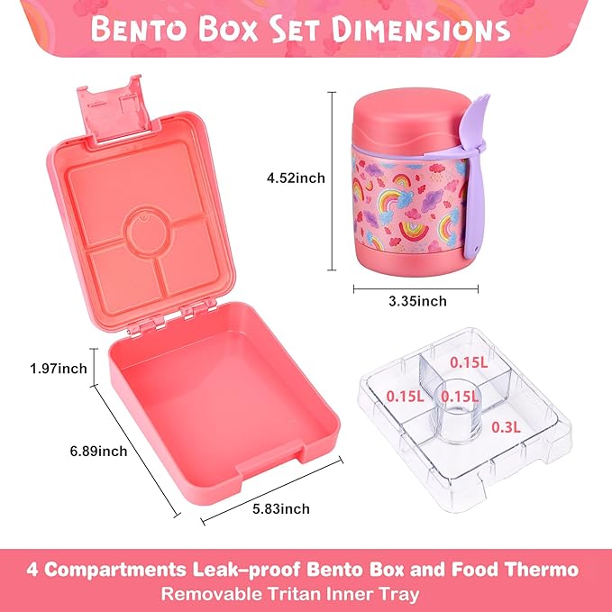 Bento Lunch Box Set With 10oz Soup Thermo, Leak-proof Lunch Containers with 4 Compartment, Kids Hot Thermo Food Jar/Insulation Lunch Bag, Food Containers for School（Rainbow）-CubbioJoy