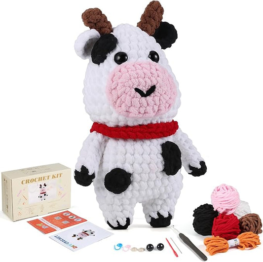 Crochet Animal Kit – 10in Big Adorable COW, Amigurumi Crochet Kit For Intermediate Advanced Level, Kids Knitting Kit With Detailed Videos Tutorials, Yarn, Crochet Hook, Best Gift For Crochet Lovers-CubbioJoy
