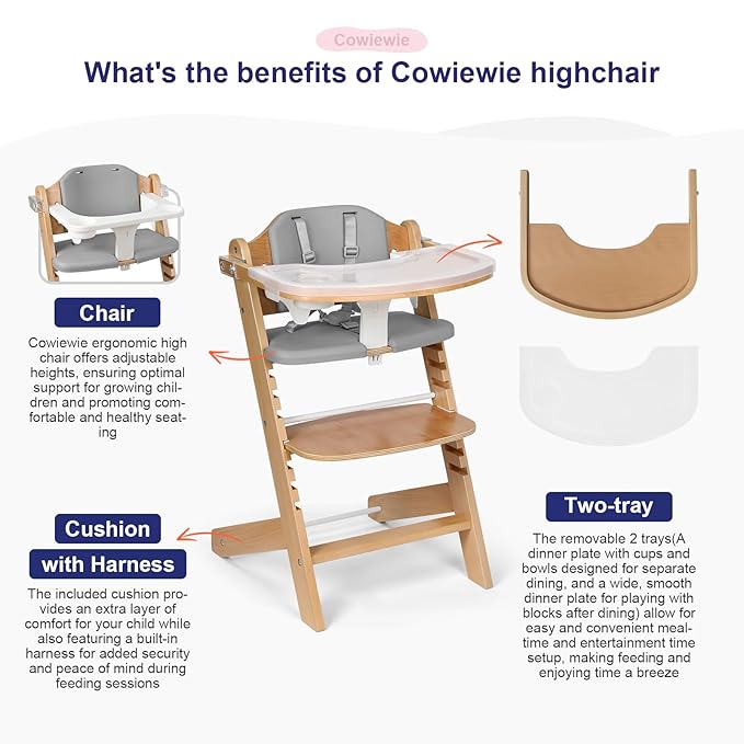 Cowiewie 3-in-1 Convertible Natural Wooden High Chair for Babies & Toddlers 3-Tier Remove & 2 Adjustable Wood Tray & 8 Levels Adjustable, 2 Waterproof Cozy Cushions Grey-CubbioJoy