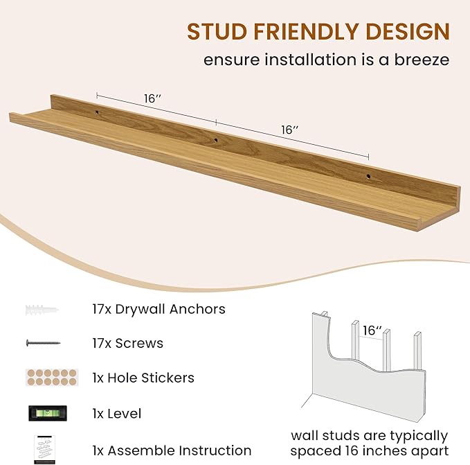 Axeman Picture Ledge Shelf, Floating Shelves for Wall Decor Storage Set of 6, 48 inch Floating Wall Mounted Shelves, Shelves with Lip for Living Room, Bedroom, Nursery, Bathroom, Kitchen, Oak-CubbioJoy