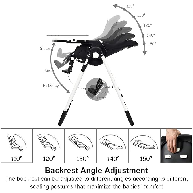 INFANS High Chair for Babies & Toddlers, Foldable Highchair with Multiple Adjustable Backrest, Footrest and Seat Height, Removable Tray, Detachable PU Leather Cushion, Built-in Rear Wheels (Black)-CubbioJoy