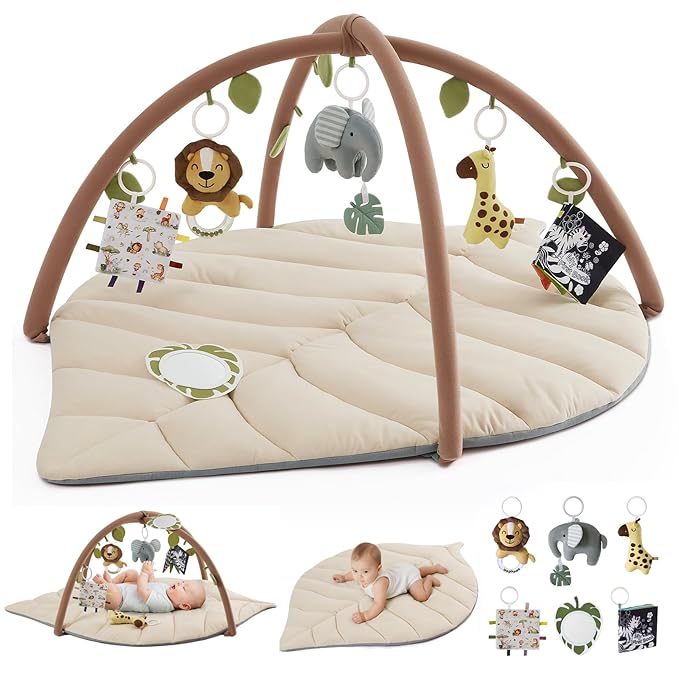 Blissful Diary Baby Play Gym & Activity Mat, Leaf Shaped Baby Tummy Time Play Mat with 6 Detachable Toys, Promotes Motor Skills & Sensory Development, Newborn Baby Essentials Gift, Oatmeal Beige-CubbioJoy