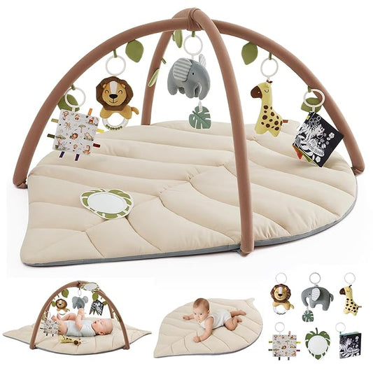 Blissful Diary Baby Play Gym & Activity Mat, Leaf Shaped Baby Tummy Time Play Mat with 6 Detachable Toys, Promotes Motor Skills & Sensory Development, Newborn Baby Essentials Gift, Oatmeal Beige-CubbioJoy