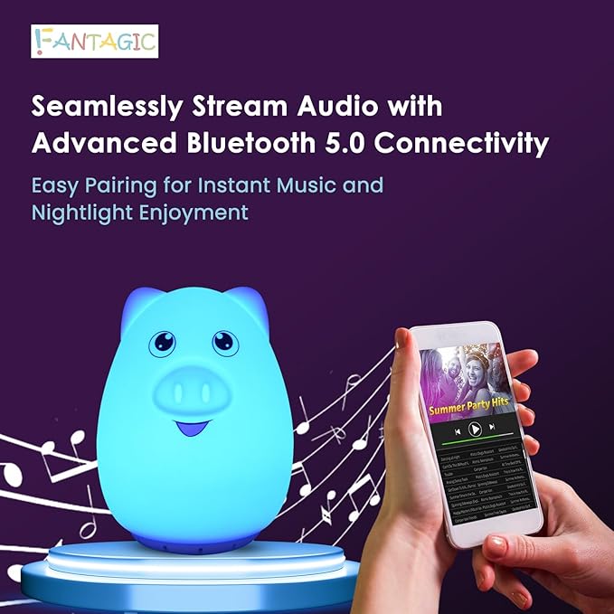Combined Bluetooth Speaker & Nightlight With 9 Color Emissions, Child Friendly Silicone & BPA Free, USB Recharging, Receives Audio From Computer, Phone Or Tablet, and includes Remote Control (Pig)-CubbioJoy