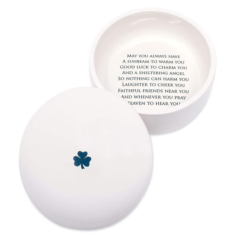 Baptism Gift or First Communion Gift, Ceramic Keepsake Box With Irish Blessing - Round Box with Shamrock in Green for Godchild-CubbioJoy