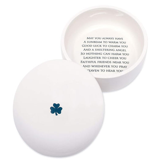 Baptism Gift or First Communion Gift, Ceramic Keepsake Box With Irish Blessing - Round Box with Shamrock in Green for Godchild-CubbioJoy