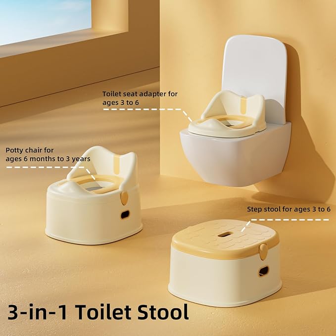 3 in 1 Toddler Potty Training Toilet Seat with Steps Ladder, Foldable Potty Train Chair Adapter for Toddlers Kids Boys Girls, Yellow-CubbioJoy