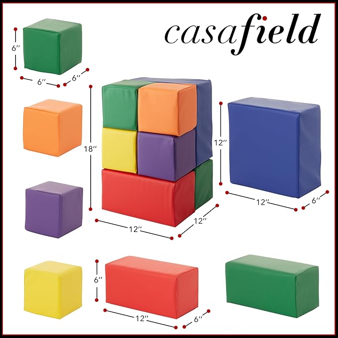 Casafield Large Toddler Foam Building Blocks (7-Piece Set), Soft Play Kids Stacking Cubes, Assorted Colors and Sizes for Daycare, Nursery, Preschool-CubbioJoy
