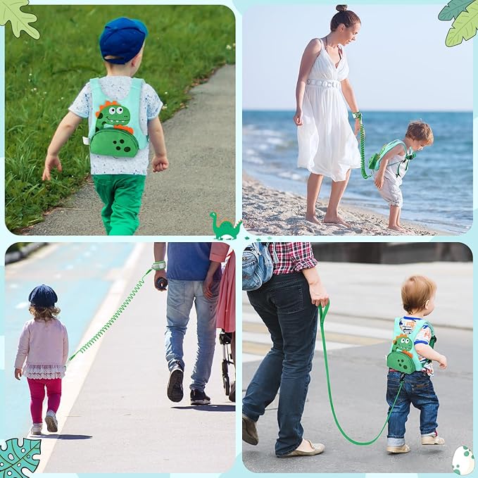 Dr.meter 3 in 1 Toddler Harness Leash + 8.2ft Anti Lost Wrist Link, Cute Dinosaur Kids Safety Harness Tether with Key Lock, Child Protective Leashes While Walking for Outdoor Activity Keep Kids Close-CubbioJoy