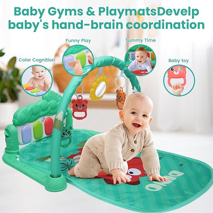 Baby Gyms Play Mat, Infant Toy Play Mat Activity Center, Baby Play Piano Mats with Music and Lights, Activity Padded for Babies Newborns and Toddlers Boys and Girls 0-12 Months, Green-CubbioJoy