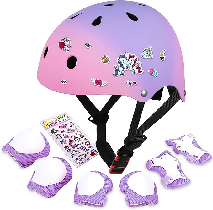 Kids Bike Helmet with DIY Stickers and Knee Pads Elbow Pads Wrist Guard Set for Ages 3-8-14 Toddler Boys Girls Helmet for Roller Skates Cycling Skateboarding Bicycle Scooter-CubbioJoy